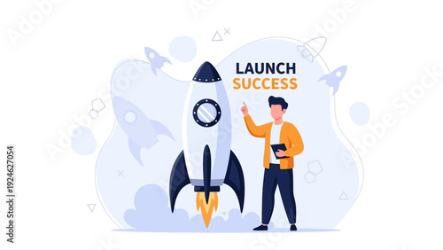 Businessman launching rocket, success concept, startup business, innovation, growth, idea