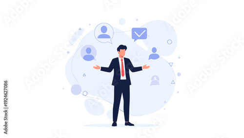 Businessman Managing People and Tasks with Checkmark and Speech Bubbles