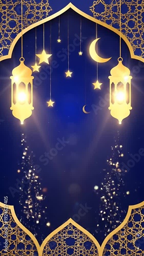 Golden Ramadan Lanterns Stars Moon Blue Background Festive Motion Graphic