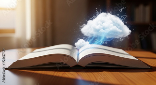 Open book with glowing blue cloud emerging from pages on wooden desk in cozy room with natural light