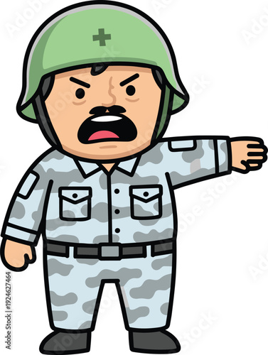 Angry cartoon soldier character pointing forward, military man in camouflage uniform flat vector illustration isolated on white background
