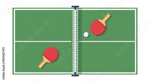 Ping pong table with two rackets and a ball in play on green surface