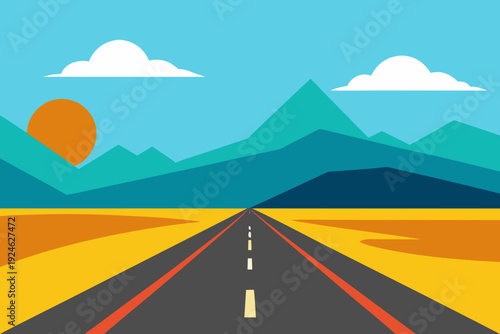 Summer Road Trip Landscape with Open Highway and Mountains