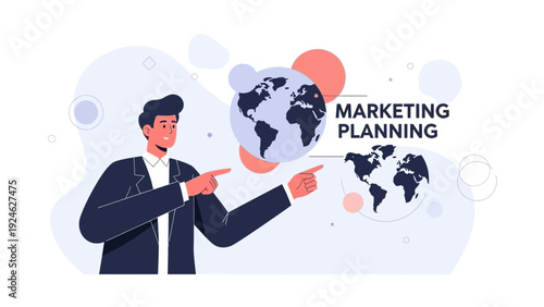 Businessman pointing at world map for marketing planning and global strategy