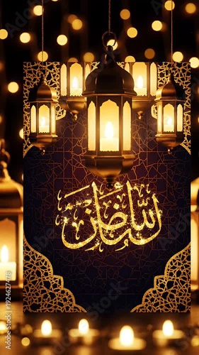 Golden Ramadan Lanterns with Arabic Calligraphy Sparkling Light Footage