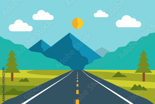 Summer Road Trip Landscape with Open Highway and Mountains