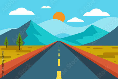 Summer Road Trip Landscape with Open Highway and Mountains