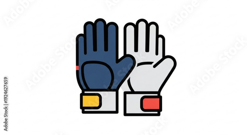 Two gloves one blue and one white raised up with colorful wristbands on a plain background