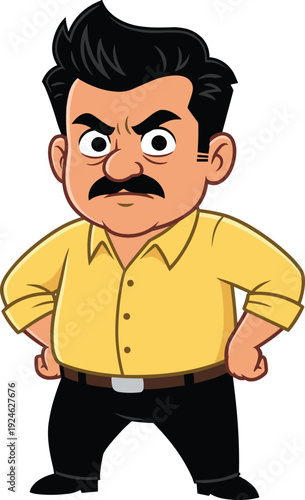 Angry cartoon man with mustache, strict male character standing hands on hips flat vector illustration isolated on white