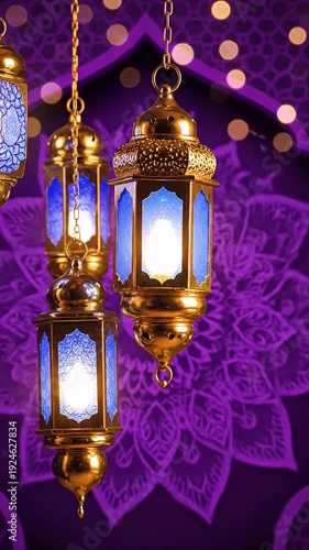 Golden Ramadan Lanterns with Blue Light on Purple Mandala Background Footage