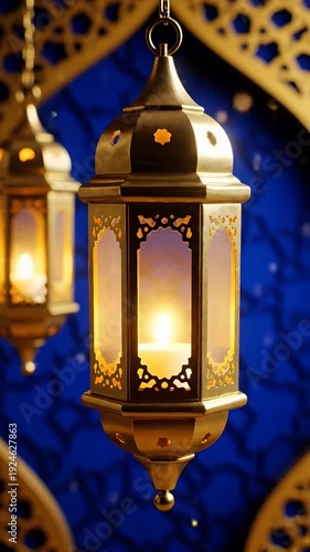 Golden Ramadan Lanterns With Blue Intricate Background Festive Glow