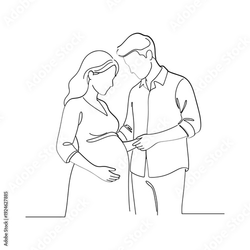 Minimalist line art of husband touching his wife's pregnant belly gently