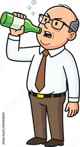 Cartoon businessman drinking from bottle, funny office worker character illustration, flat vector design isolated on white background for alcohol addiction concept