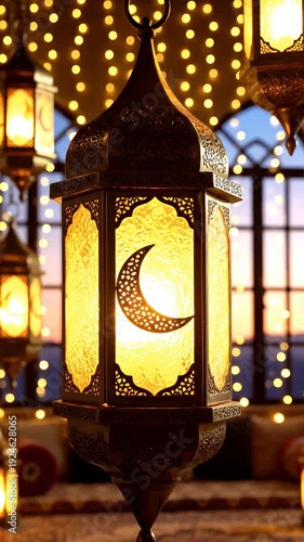 Golden Ramadan Lanterns With Crescent Moon Glow Warm Lights And Bokeh Blur Background