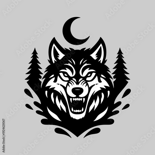 Aggressive wolf head emblem with dark forest silhouette and crescent moon