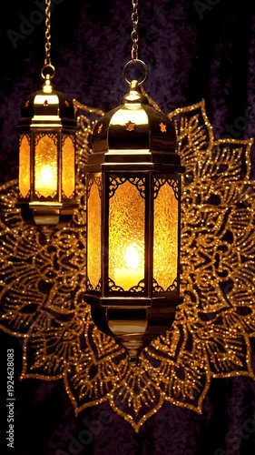 Golden Ramadan Lanterns With Intricate Mandala Background Footage