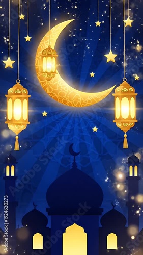 Golden Ramadan Moon and Lanterns Motion Graphic with Mosque Silhouette