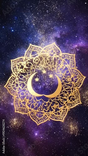 Golden Ramadan Mandala Celestial Moon Stars Cosmic Space Galaxy Footage
