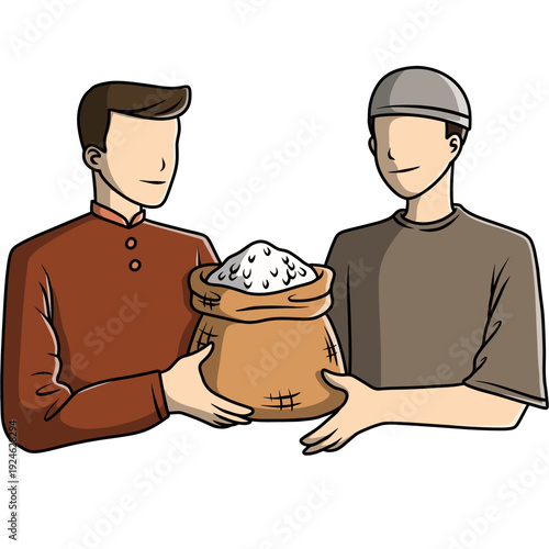 Muslim Men Sharing Bag of Rice for Zakat Al-Fitr, Islamic Charity and Community Support Ramadan Concept Flat Vector Illustration