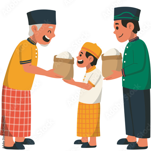 Intergenerational Muslim Men Giving Zakat and Charity, Family and Community Alms Tradition, Ramadan and Eid Al-Fitr Concept Illustration