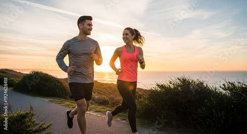 A fit man and woman running on a scenic path by the ocean as the sun sets in the background