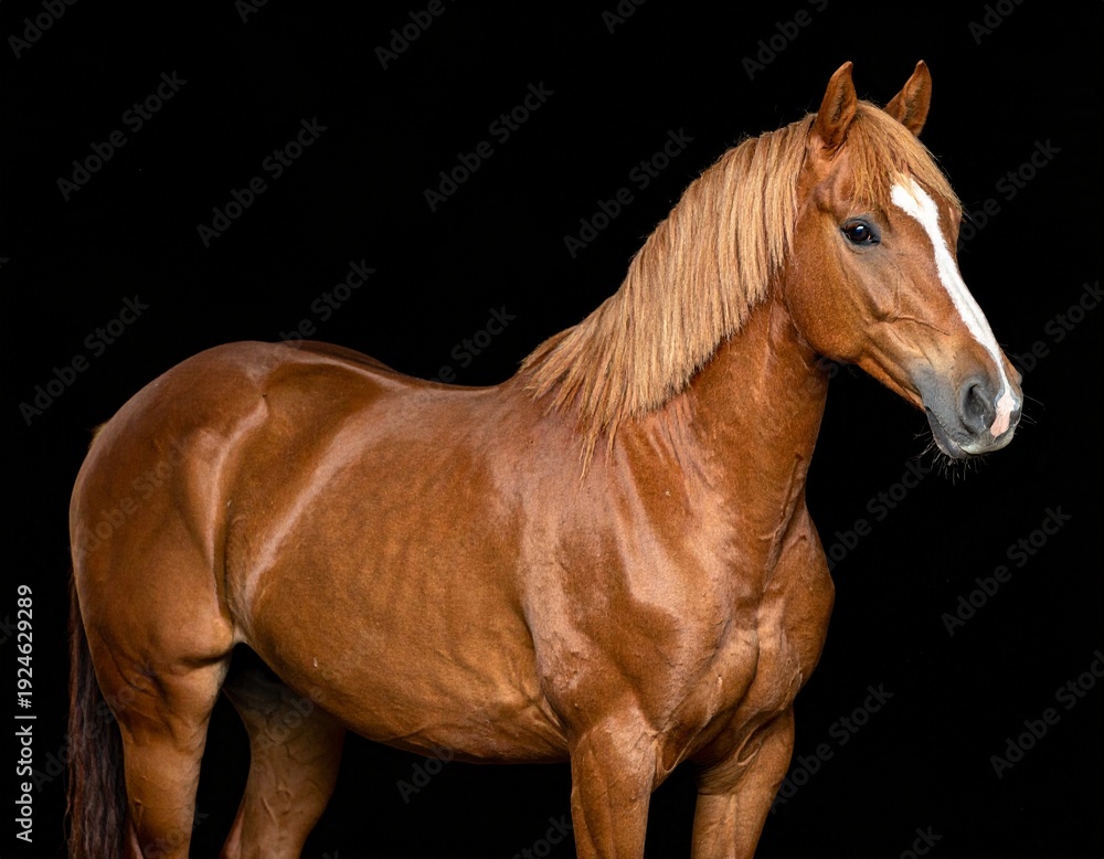 Fototapeta premium Majestic Chestnut Horse in Profile Against a Black Background, Elegant Equine Portrait.