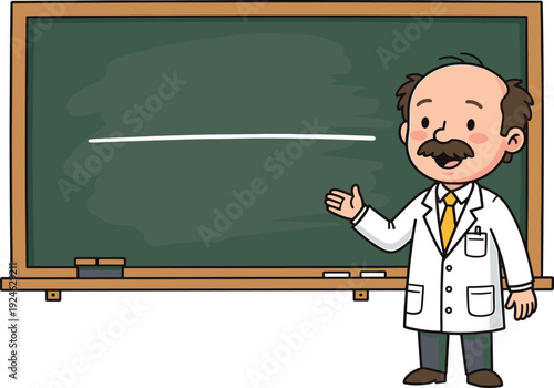 Cartoon illustration of male teacher professor in white lab coat with chalkboard classroom scene, academic lecture concept, educational character explaining science knowledge learning