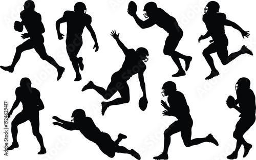 American football player silhouettes set with running catching diving actions black vector illustration collection isolated on white background