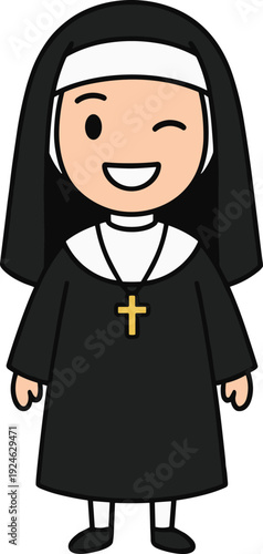 Cartoon nun character winking and smiling, religious woman in black habit with cross necklace, flat vector illustration isolated on white background