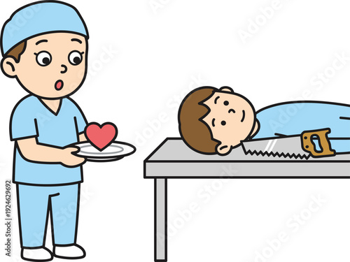 Cartoon surgeon holding human heart near patient on operating table with saw, dark humor medical concept flat vector illustration