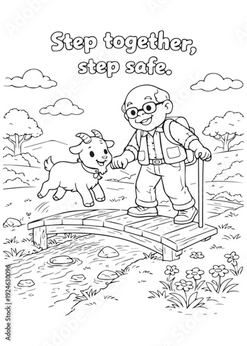 coloring book grandpa guiding a goat across a narrow plank, stepping safely together