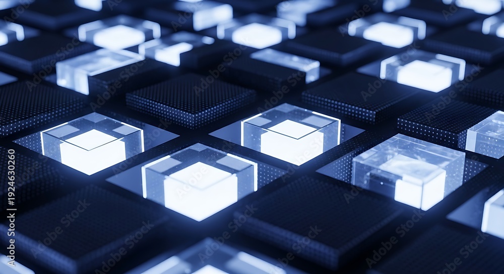 Obraz premium Abstract glowing transparent cubes on dark digital surface pattern