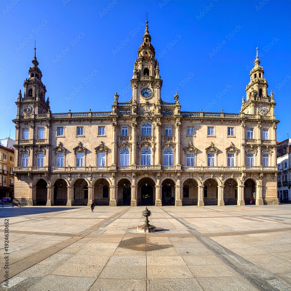 Obraz premium Majestic City Hall Building in Oviedo, Spain, Under a Clear Blue Sky.