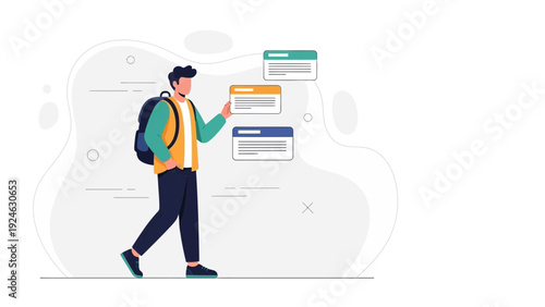 Student walking with backpack, choosing options on digital screens, concept of education and choice