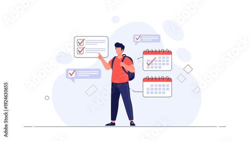 Student planning schedule with calendar and checklist icons, time management concept