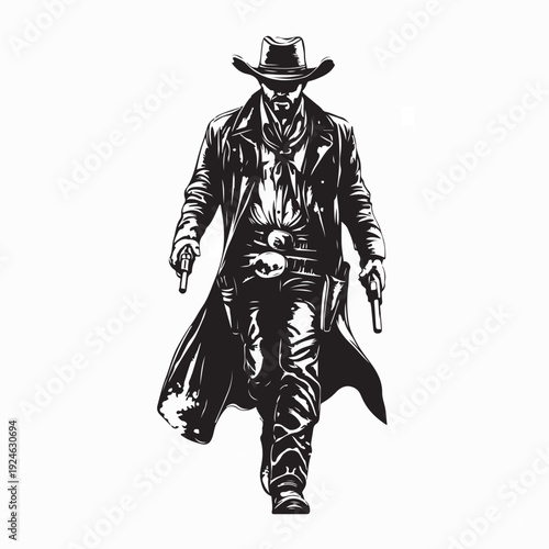 Vintage Cowboy in Long Coat Holding Pistols Vector Wild West