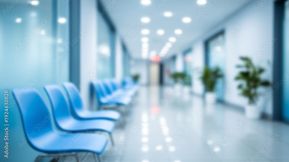 Fototapeta premium A blurry image of the interior of a modern hospital clinic. Blue chairs in the patient waiting area.