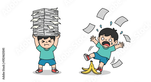 Cartoon illustration of two frustrated boys, one carrying an overwhelming stack of papers, the other slipping on a banana peel with papers flying around, against a clean white background