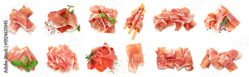 Collage of slices of tasty jamon on white background