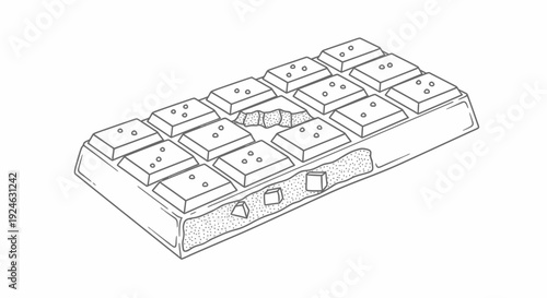 Hand-drawn illustration of a broken chocolate bar with nuts and pieces missing