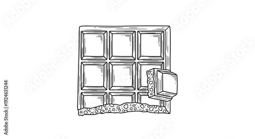 Hand-drawn illustration of a chocolate bar with a broken piece and crumbs on a white background