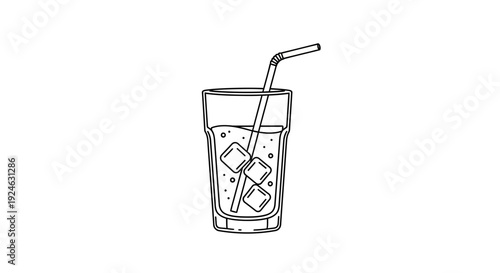 Hand-drawn illustration of a refreshing glass of iced drink with straw