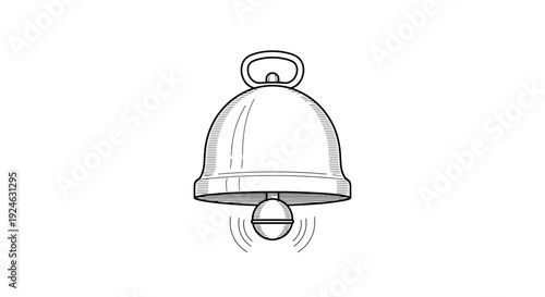Hand-drawn illustration of a ringing bell with sound waves, black and white sketch.