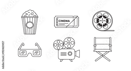 Movie Night Objects Minimal Outline Stroke Vector Icon Set with Popcorn Bucket, Cinema Ticket, Film Reel, 3D Glasses, Projector, Director Chair