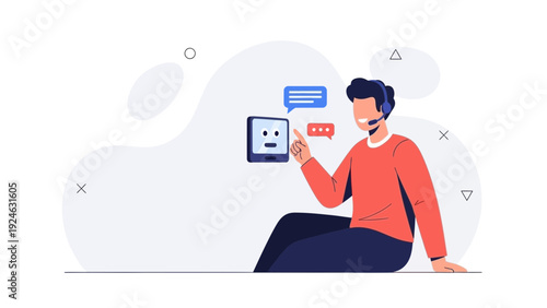 Customer service agent with headset and chatbot icon, online support concept