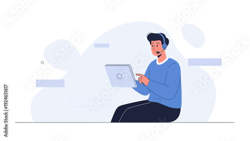 Customer service agent with headset and laptop, modern flat illustration