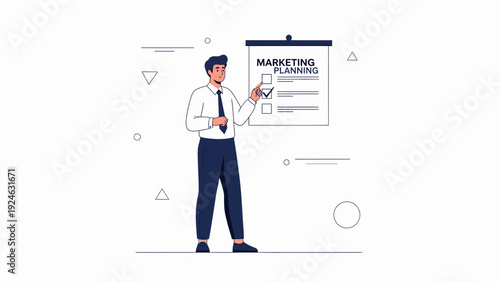 Businessman presenting marketing plan on whiteboard, checklist, strategy, business meeting