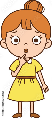 Cute cartoon girl thinking with finger on chin, confused child character in yellow dress, flat vector illustration isolated