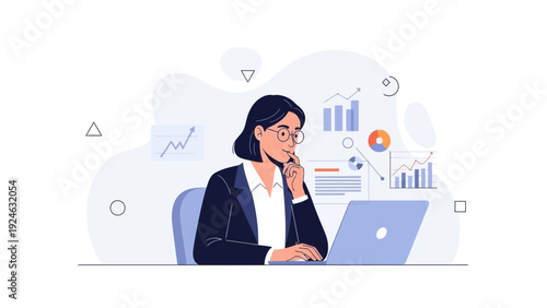 Businesswoman analyzing data charts on laptop, strategic planning, modern office illustration