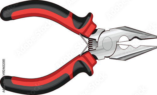 Combination pliers illustration with red ergonomic handles and metallic jaws, versatile hand tool for gripping cutting bending, vector design isolated on white background